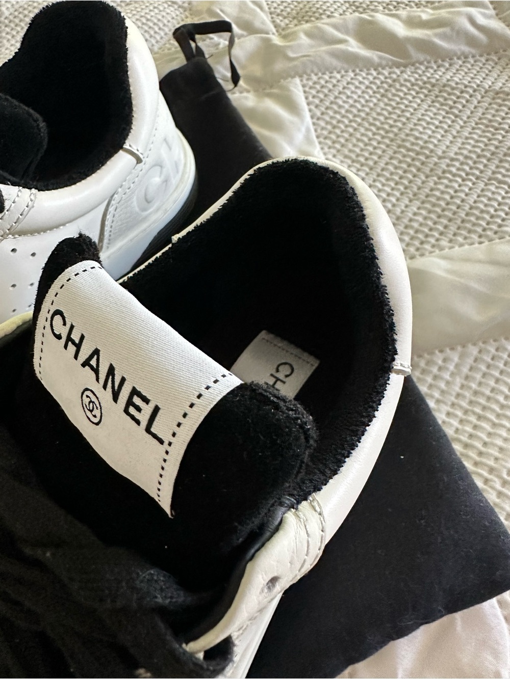 CHANEL White and Black Leather Low-Top Sneakers - Picture 3 of 5
